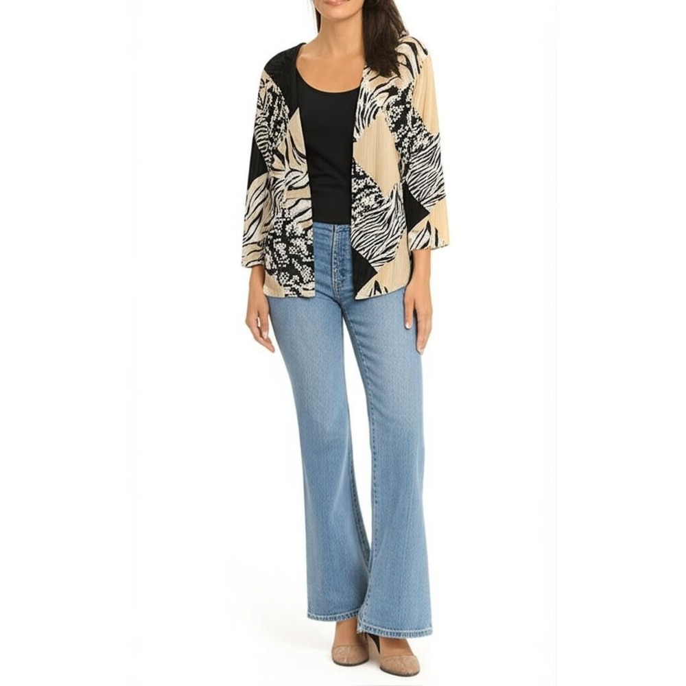 Alfred Dunner Black White Tan Patchwork Open Front 3/4 Sleeve Jacket Large